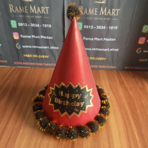 TOPI KERUCUT BOLA BULU MERAH